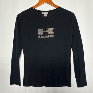 Woman’s black, long sleeve Kawasaki shirt with sequence
